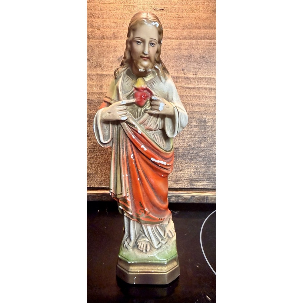 Vtg Sacred Heart of Jesus Christ  Chalkware Statue 8" Catholic Religious Decor